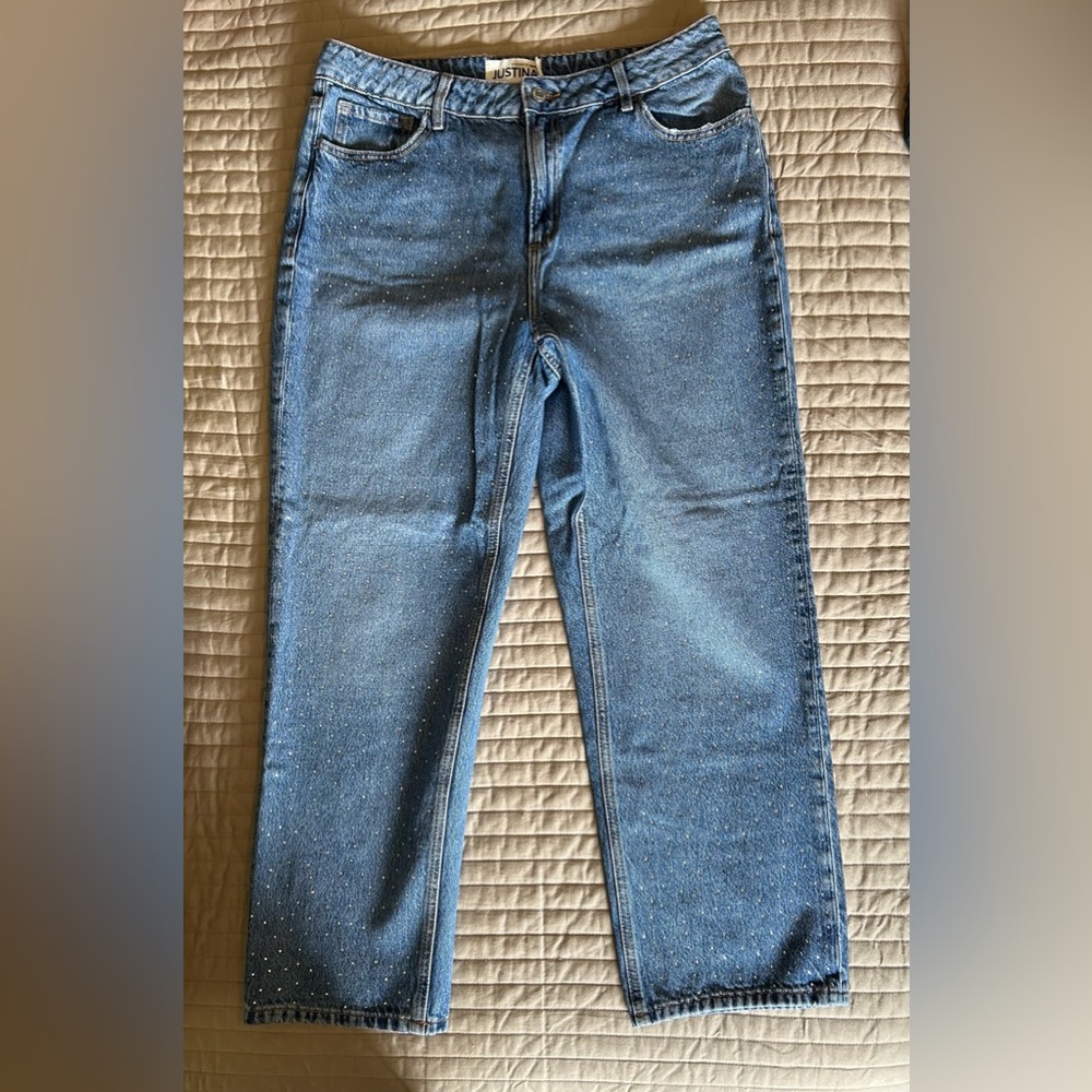 Dynamite Straight Leg Jeans in Classic Blue with Crystals